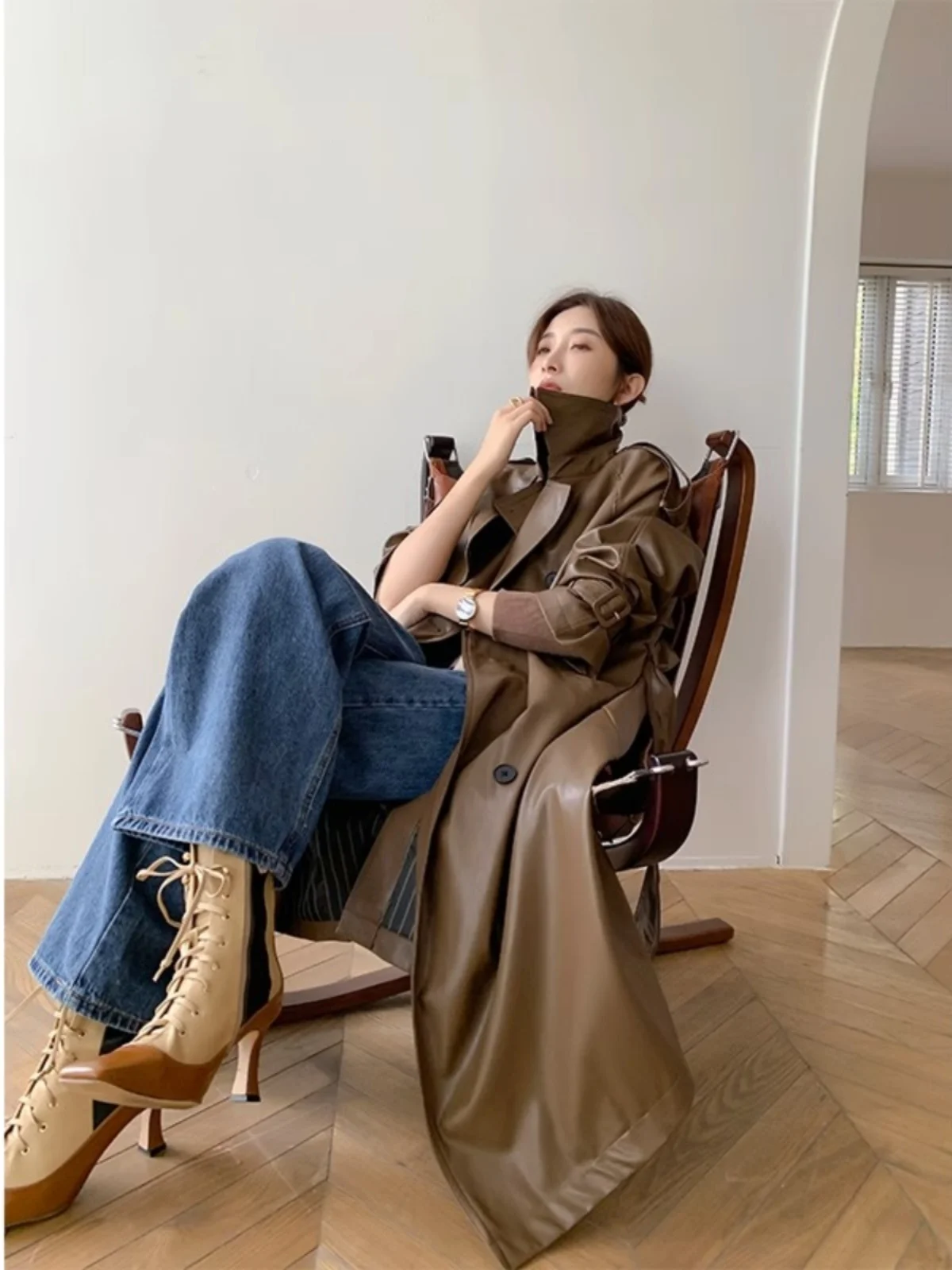 British Style Pu Leather Windbreaker 2023 Autumn and Winter New Retro Women's Slimming Waist Mid-Length Leather Trench Jacket