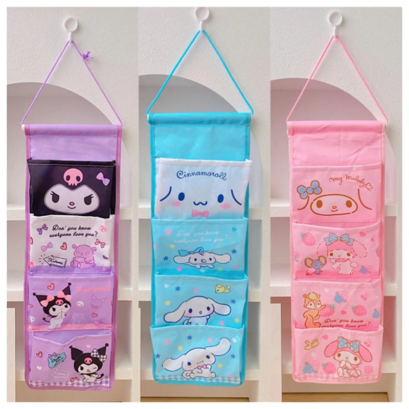 

Cartoon Kuromi Kitchen Storage Hanging Bag Dormitory Wall Four Grid Wall Hanging Storage Bag Sorting and Sorting Storage Bag