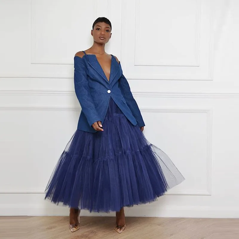 

Navy Blue Tulle Skirts Women Skirt Lady Elegant Puffy faldas Fashion Ankle Length Tulle Skirt Lush Pleated Custom Made