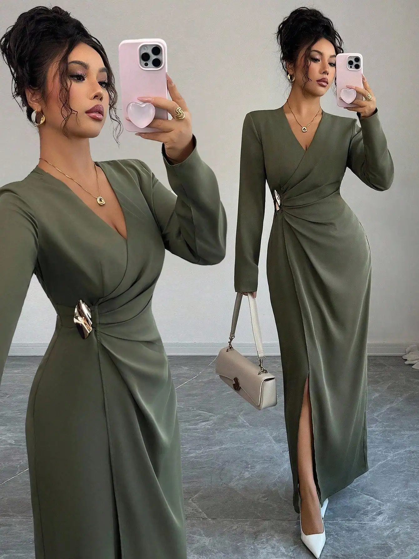 Woman Elegant Wrap V Neck Maxi Dress Ruched Waist High Slit Long Sleeve Gown Sophisticated Mature Style Outfit for Formal Events 1