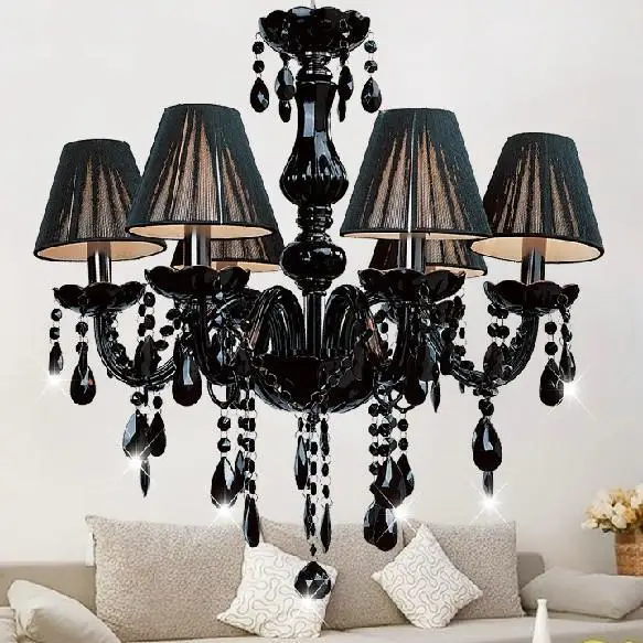 

American classic fabric lampshade six black chandelier luxury crystal LED lighting restaurant decoration E14 bulb fixture