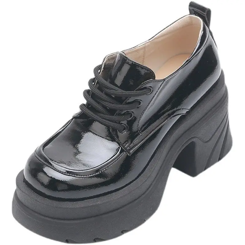 

Muffin Platform Leather Shoes Women's 2022 Spring New Women's Patent Leather High Heel All-Matching Thick Heel Shoes