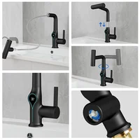 Waterfall Pull Out Kitchen Faucet Black Intelligent Digital Display Cold Hot Mixer Taps Rotatable Sink Lifting Basin Faucet 5