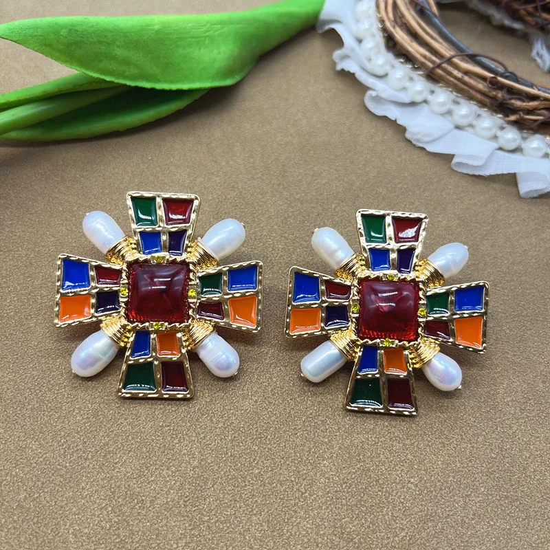 

Fresh Water Pearls Earrings Stud Geometric Mixed Color Hammered Resin Pendientes Accessories