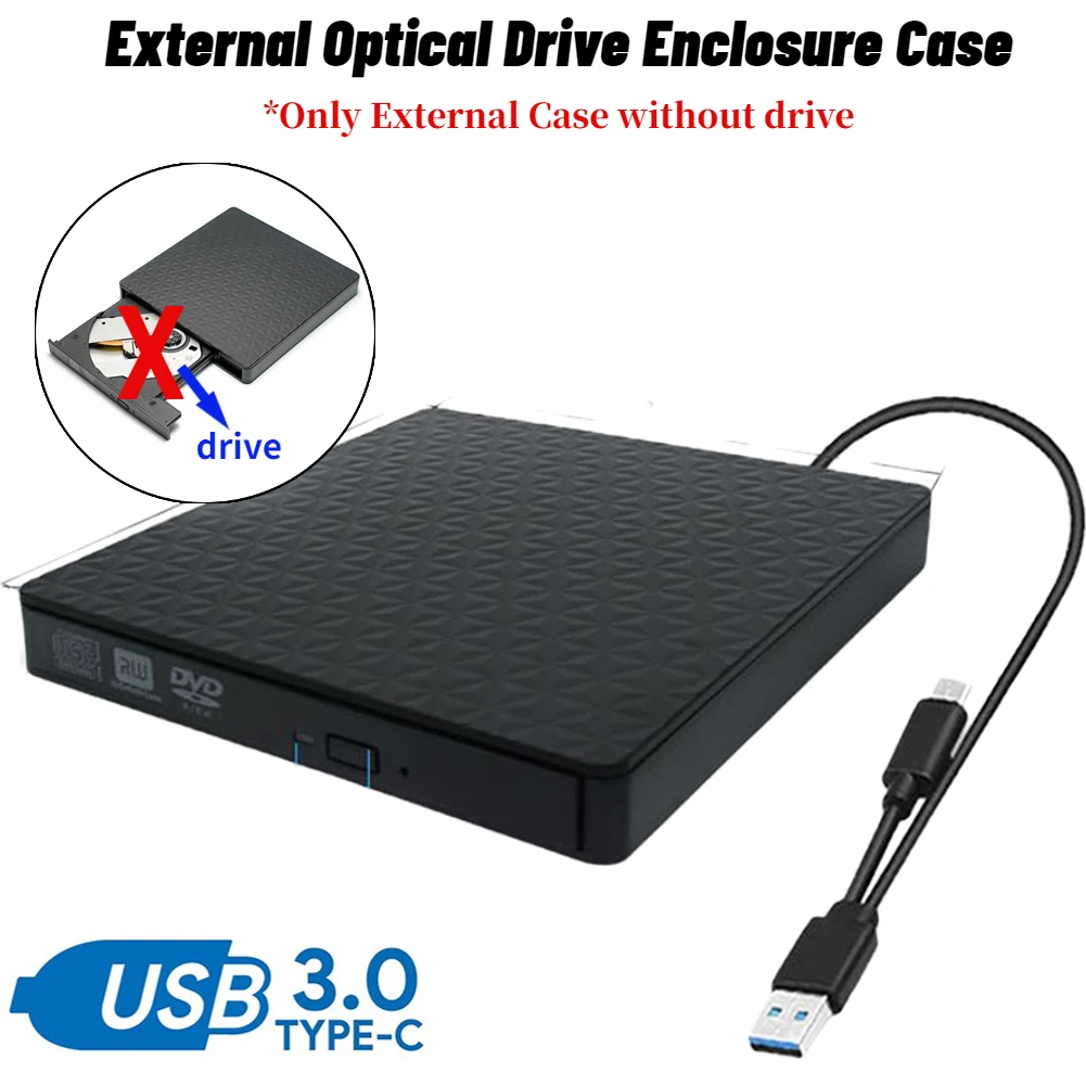 Optical Drive External Case 12.7mm USB Type-C DVD CD-ROM Player Enclosure Case No Drive Computer Parts for Windows Mac OS Linux