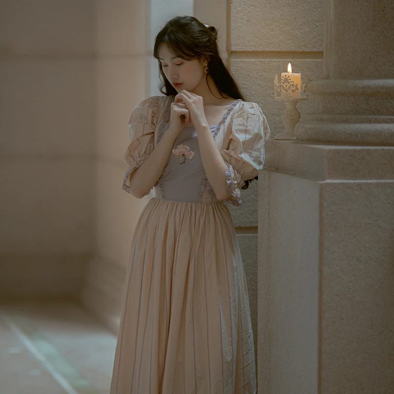 

Женское длинное приталенное платье, элегантное винтажное платье составного кроя с вышивкой в полоску, с масляной живописью, весна-осень