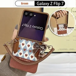 Korean Cute Love Heart Bowknot Phone Case with Bracelet - Shockproof Folding Cover - Galaxy Z Flip 8 (Brown)