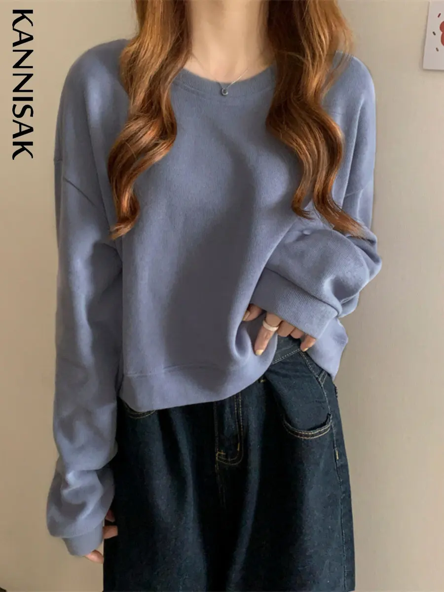 

KANNISAK Women Sweatshirt 2023 Spring Autumn Korean Fashion Loose Pullovers Long Sleeve Casual O-neck Solid Cotton Sweatshirts
