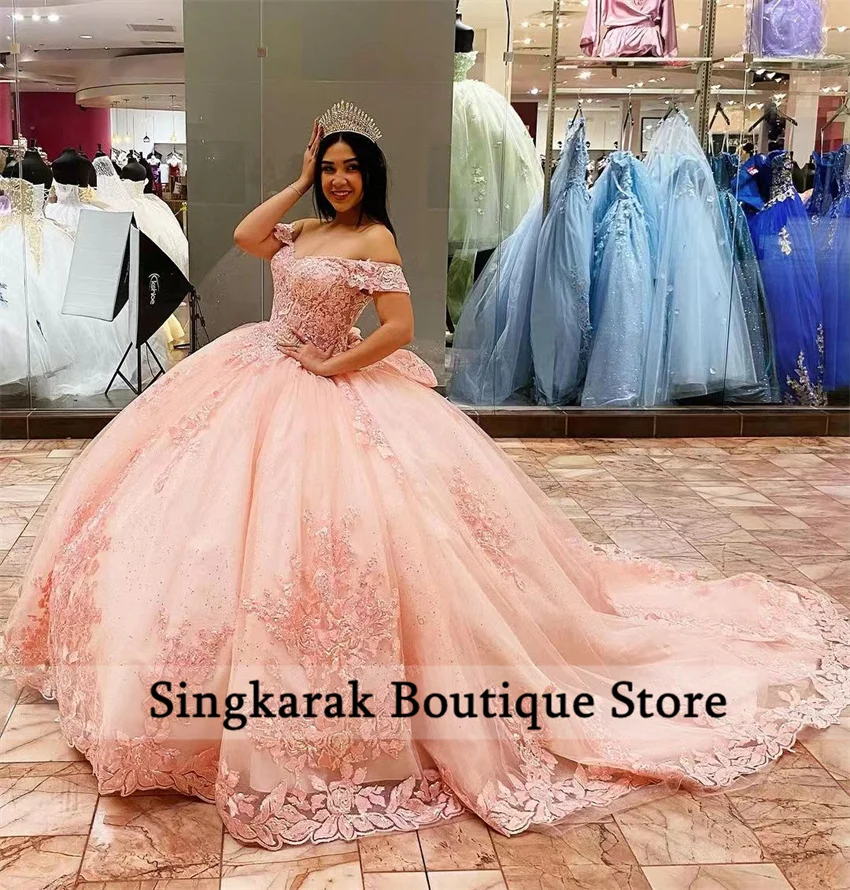 Glitter Pink Princess Quinceanera Dresses With Bow Beaded Appliques Sequins Sweet 16 Dress Vestidos De 15 a&ntilde;os Ball Gown