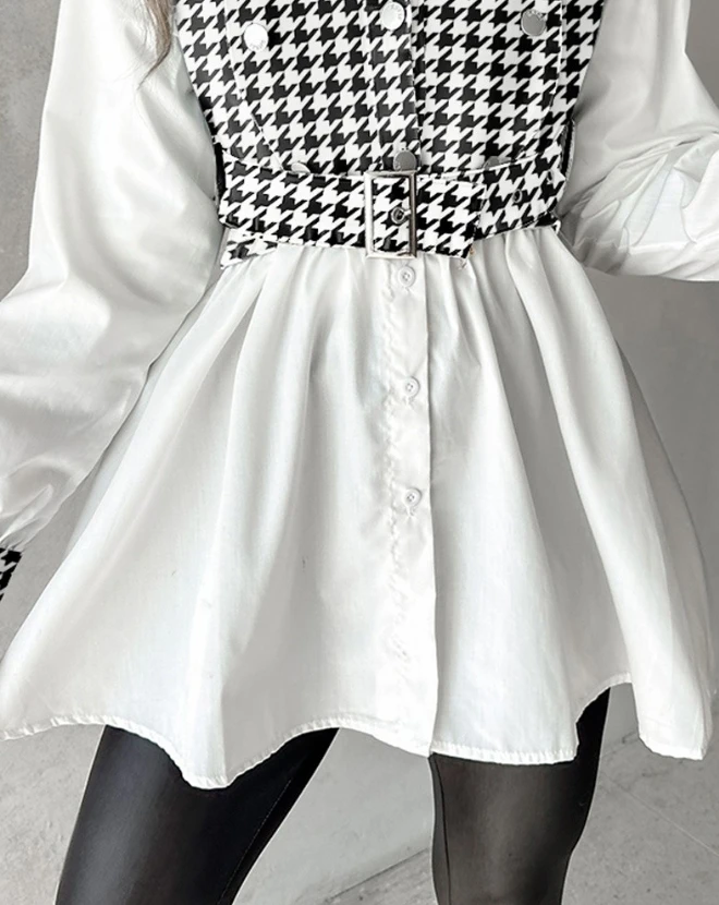 Women Shirts 2023 Houndstooth Print Patchwork Belted Ruched Top Daily Casual Elegant Turn-Down Collar Long Sleeve A-Line Blouse
