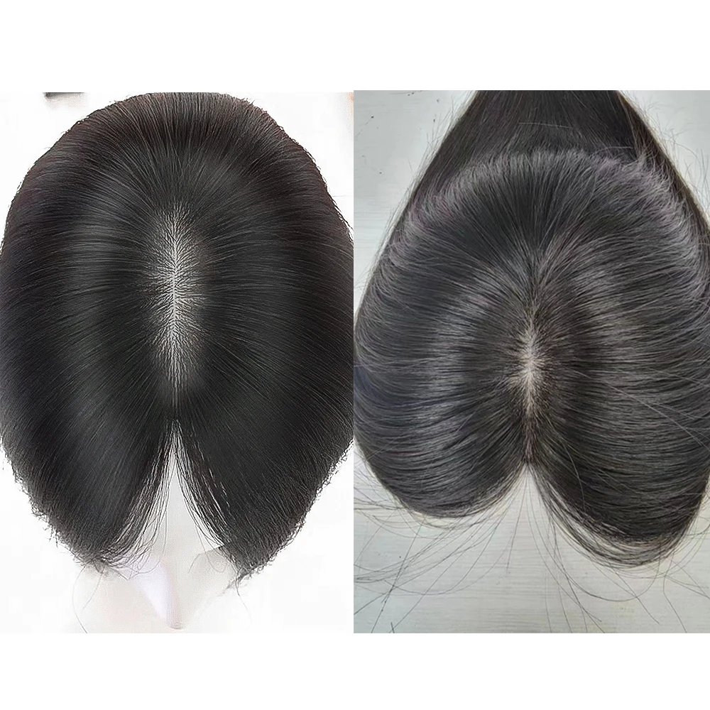 Silk Skin Base Brazilian Virgin Human Hair Topper for Women with 3 Clips In Hair Toupee Straight Fine Hairpiece Real Scalp Top