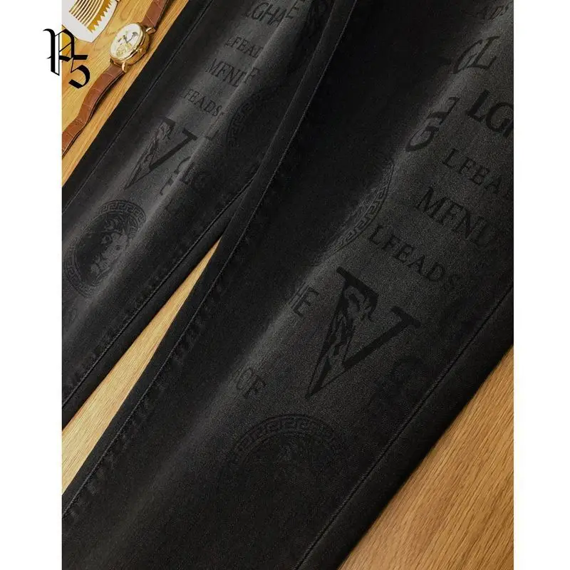 Spring and Autumn Korean Slim Jeans for Men 2025 High-end Luxury Clothing Black Printing Mid-waist Stretch Casual Pencil Pants 5