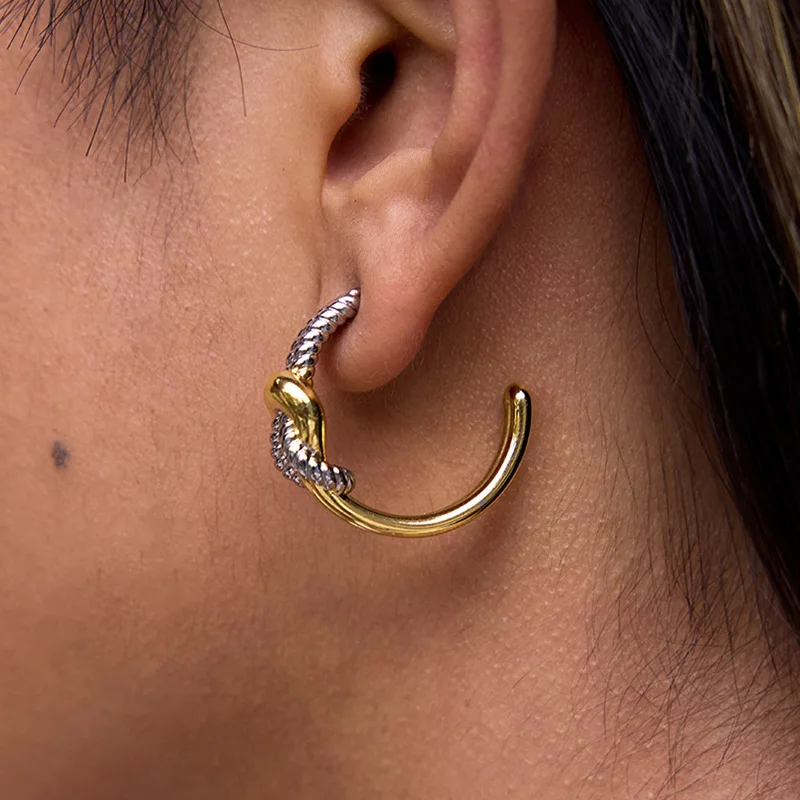 18K Gold Plated Spiral Knot Shape Hoop Earrings Double Layered Metal C-shape Geometric Ear Huggie Stainless Steel Jewelry Aretes