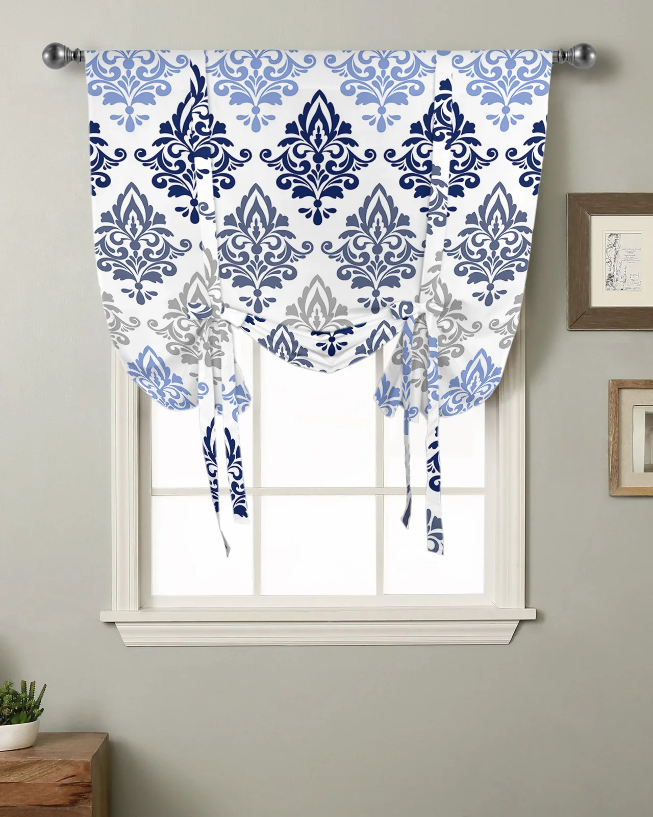 

Pattern Gradient Navy Blue Kitchen Short Window Curtain Rod Pocket Curtains Home Decor Room Small Window Roman Tie Up Curtains