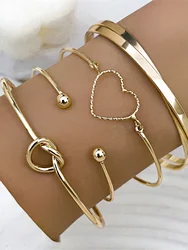 4Pcs/Set Trendy Geometry Charm Open Bracelets for Women Fashion Alloy Love Heart Knot Cuff Bangle Bracelet Jewelry Gift Pulseira