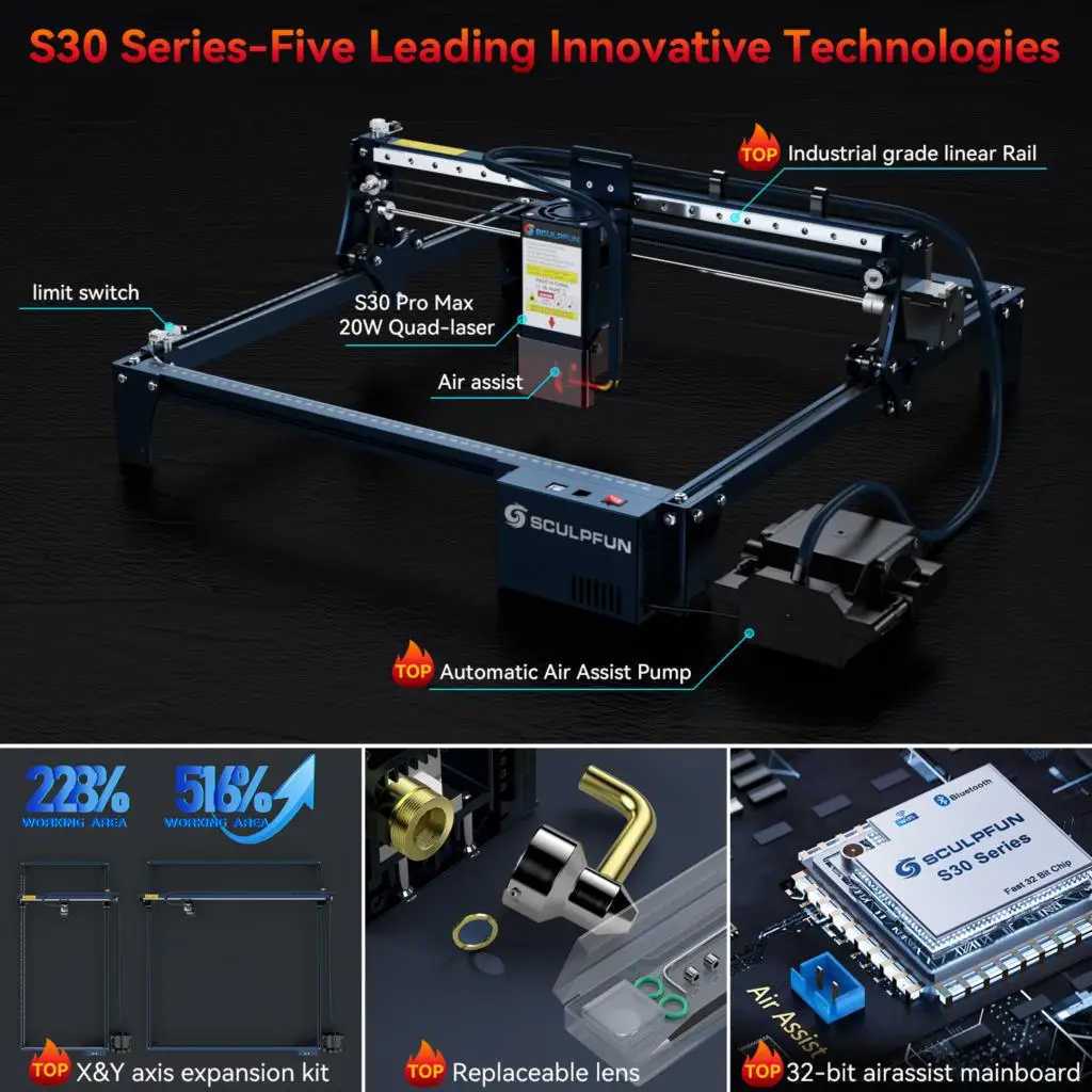 SCULPFUN S30 Pro Max 935x905mm 조각 영역 20W 레이저 모듈 절단, 자동 공기 보조 시스템 롤러 + 벌집 패널