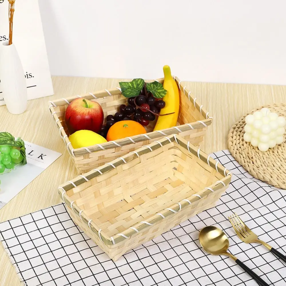 Woven Bamboo Basket Simple Natural Color Rectangle Wicker Bread Basket Handmade Square Bamboo Basket Home Shop Display 3