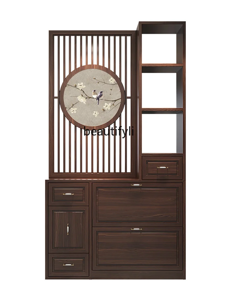 

New Chinese Style Subareas Screens Living Room Solid Wood Entrance Shoe Cabinet Integrated Door Blocking Shoe Changing Rack