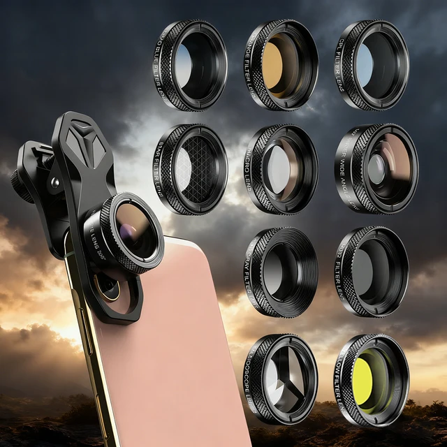 APEXEL New 11 in 1 Phone camera Lens Kit fisheye wide lens Color Filters CPL ND Star Filter for iPhone Xiaomi all Smartphones