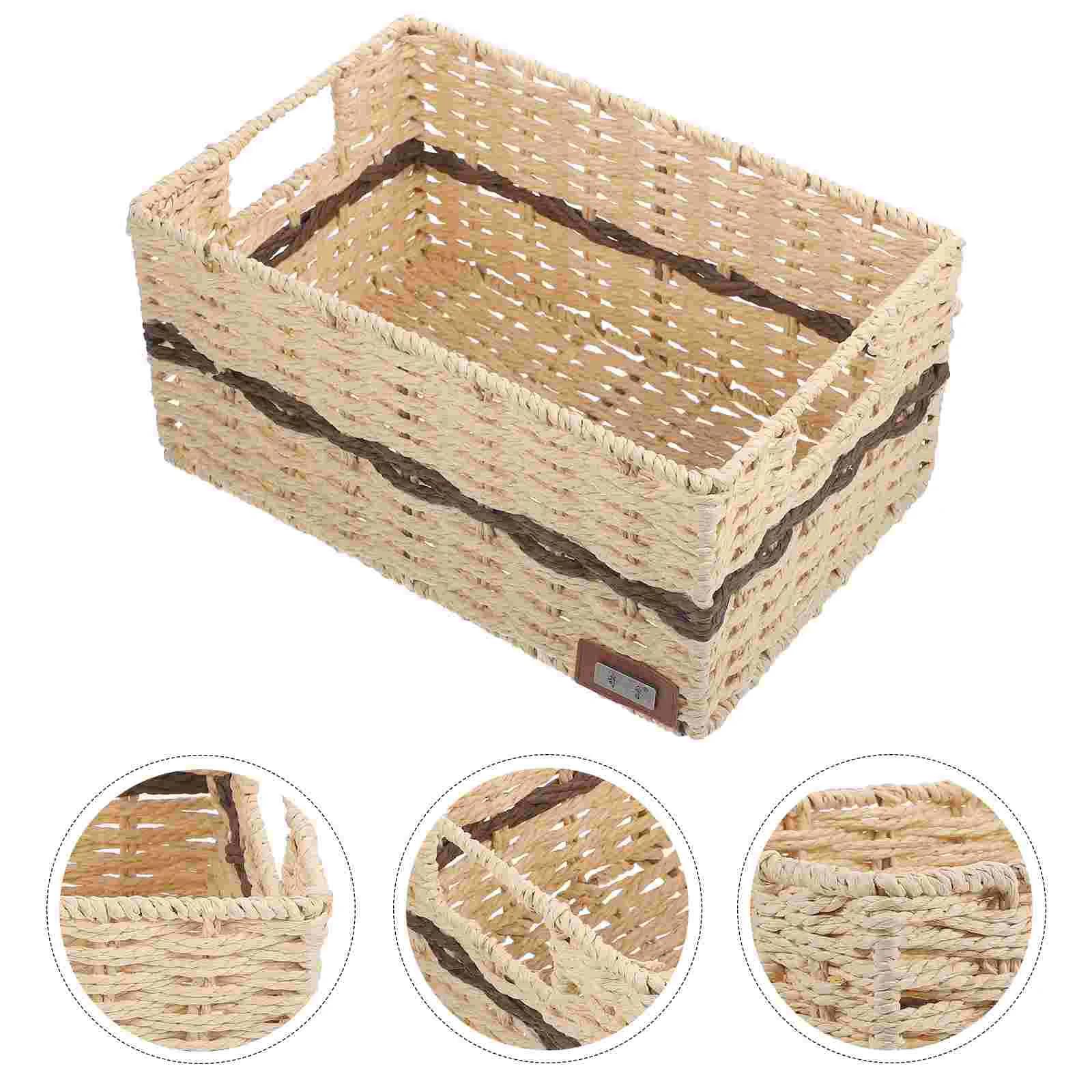 

Straw Storage Basket Kitchen Baskets Bin with Handle No Cover Shelfystand Woven for Table Iron Organizer Desktop Multipurpose