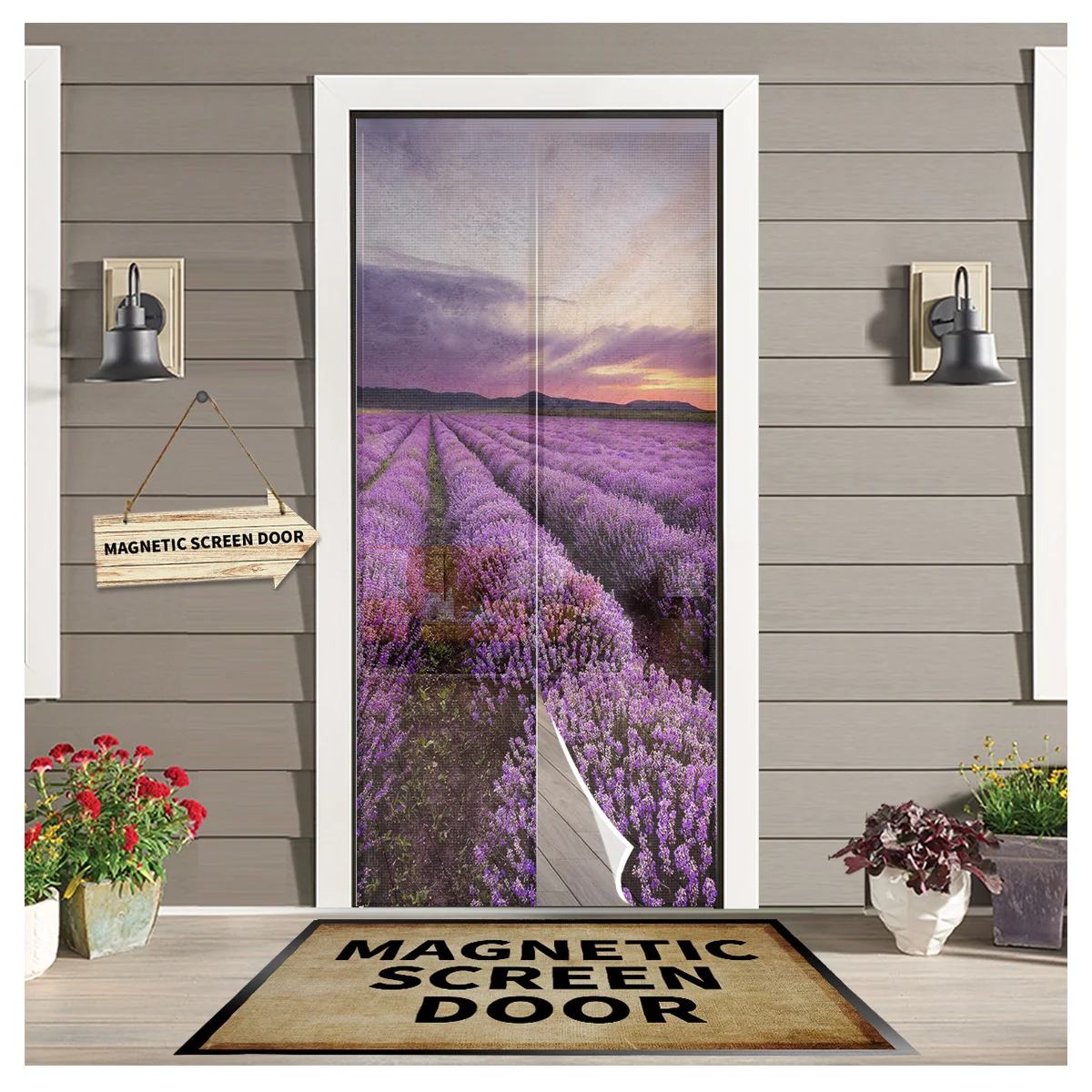 

Lavender Sunset Purple Flower Field Summer Indoor Anti Mosquito Net screen Door Curtain Kitchen Magnetic Hanging Curtains