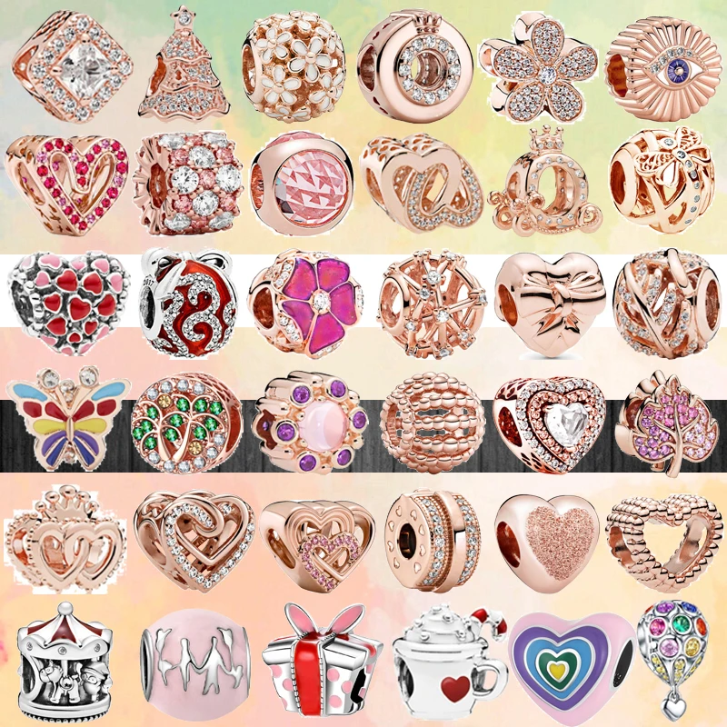 

Rose Gold Color Flowers Crown All-Seeing Eye Heart Pave Shiny Beads Fit Pandora Charm Silver Color Bracelet Original DIY Jewelry