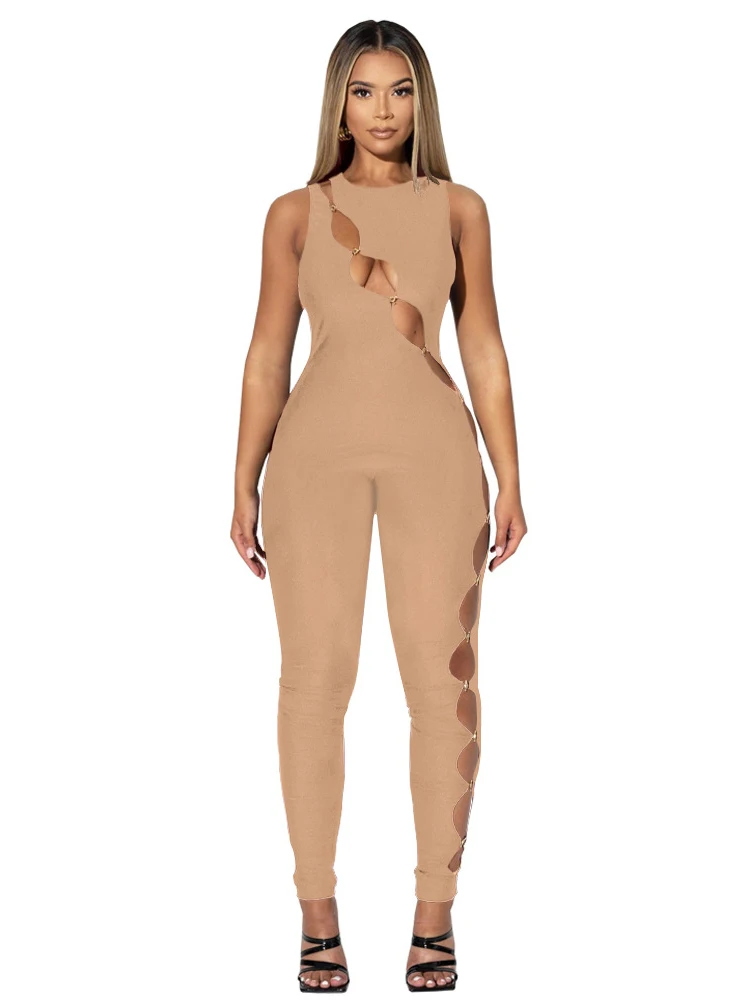 Sibybo Sexy Sleeveless Hollow Jumpsuit Basic Casul Tight Leggings Solid Color Fashionable Yoga Wear Winter Women\'s Clothing
