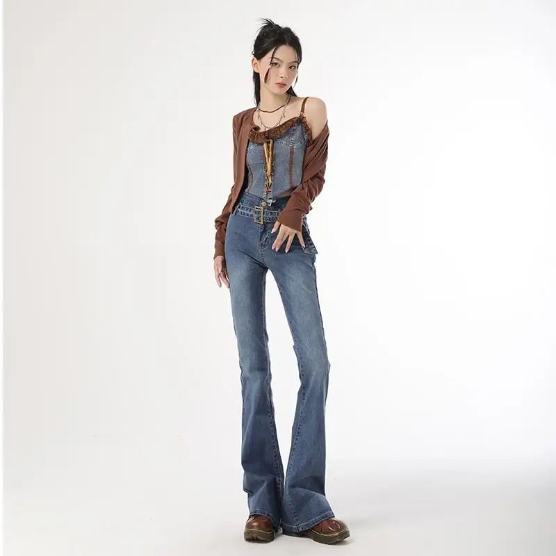 

Y2k Vintage Fall and Winter Belt Flare Pants Vintage Blue Nine-point & Regular & Extended