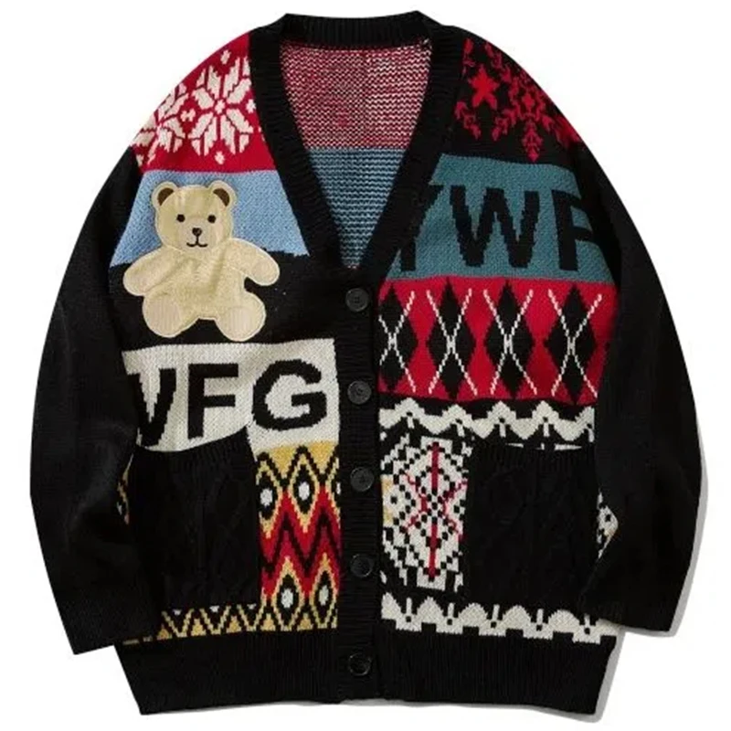 Bear Embroidery Cardigan Sweater for Men Winter Japanese Style Cartoon Hip Hop Loose Women Knitwear Coats Vintage Cardigans