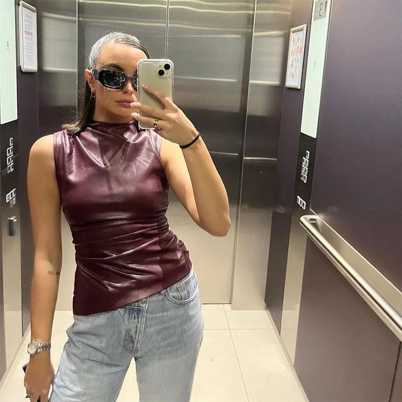 Women Y2K Vintage Pu Simple Basic Tank Top High Waist Skinny Shrunk Slash Cut Sleeveless Tops Versatile Noble Shirts