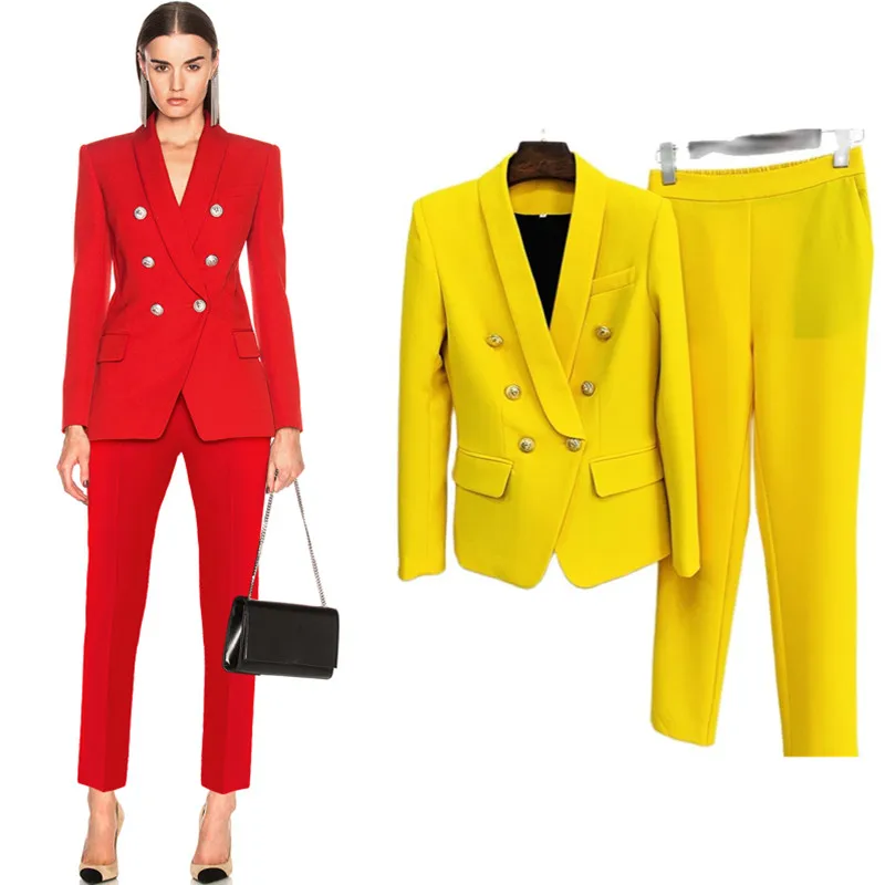 2022 Designer Blazer Suit Set Women's Classic Shawl Collar Lion Buttons Double Breasted Blazer Pants Set Two Piece Formal Suits