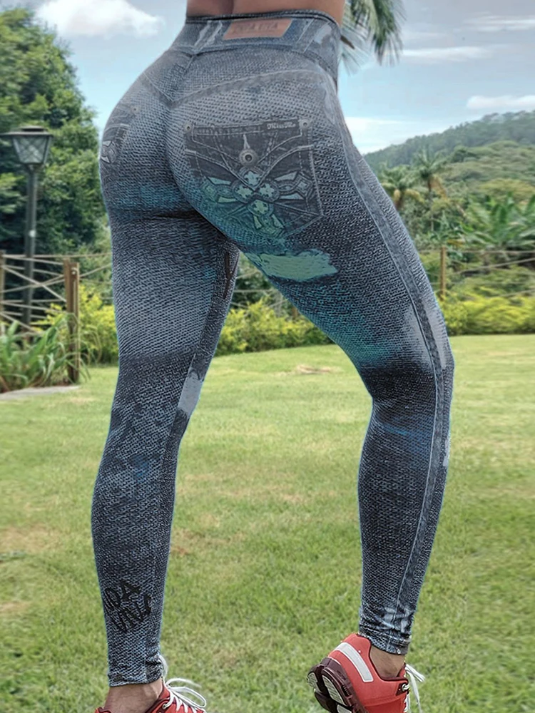 Faux Jeans New Soft Workout Tights Printed Leggings Women 2023 Fitness Outfits Yoga Pants High Waisted Gym Wear Polyester yoga set women for girl workout pants galaxy wolf gril 3d printed hollow tanktop sexy yoga retro suit fitness soft legging