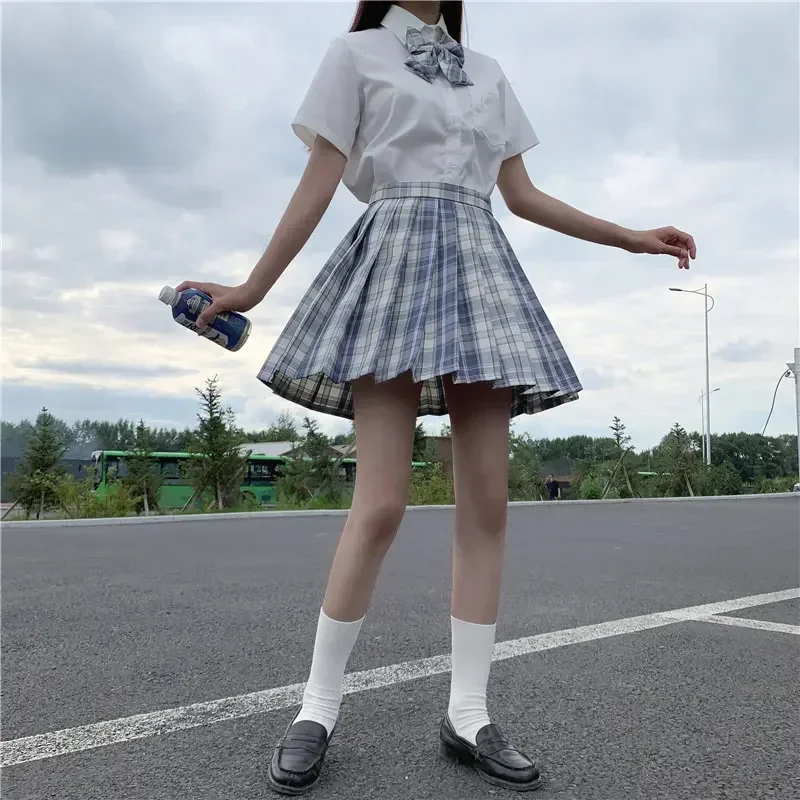 Japanese School Uniform Shirt Plaid Skirt Set Korean School JK Short Sleeve Pleated Skirt Set Girl Seifuku