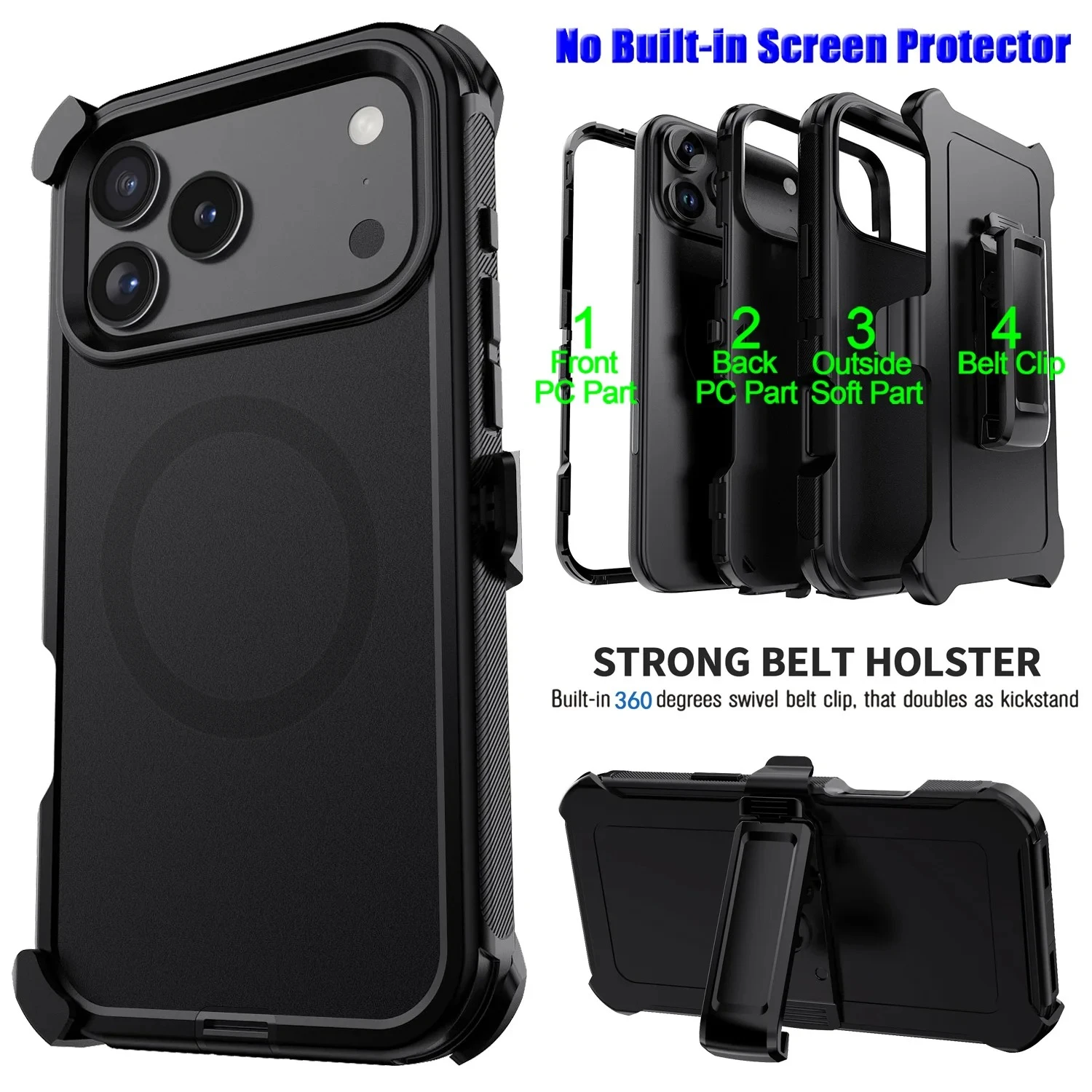 Heavy Duty 3-Layer Shockproof Defender Armor Case with Belt Clip and MagSafe Charging Compatibility