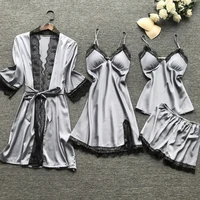 4PCS Sleepwear Pajamas Set Silk Women Nightdress Lace Dress Robe Sleep Nightwear Silk Solid Color Pijama Sets - Image 5