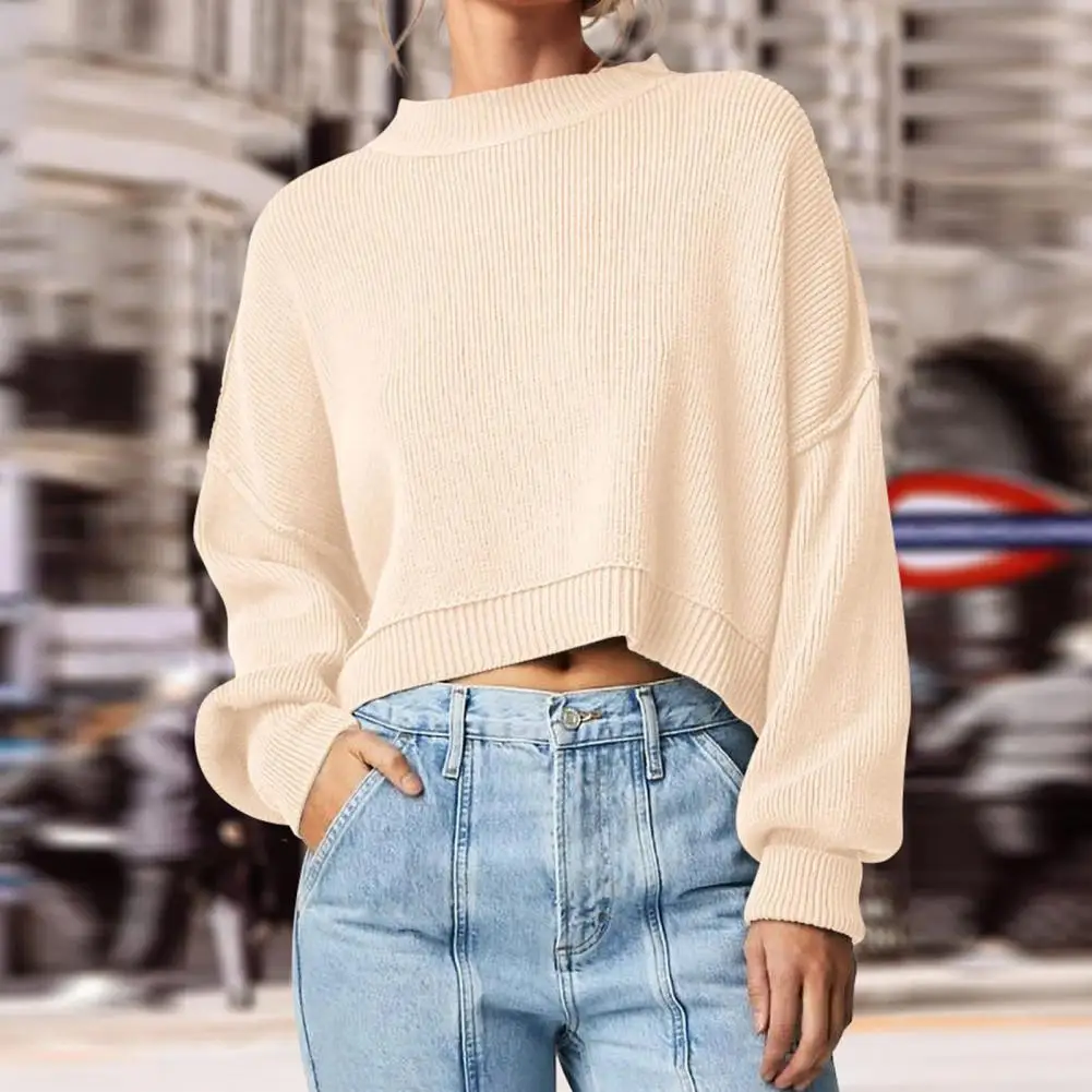 

Женский пуловер, свитер, стильный женский укороченный свитер, пуловер с круглым вырезом и длинным рукавом, вязаная одежда для женщин на осень и зиму