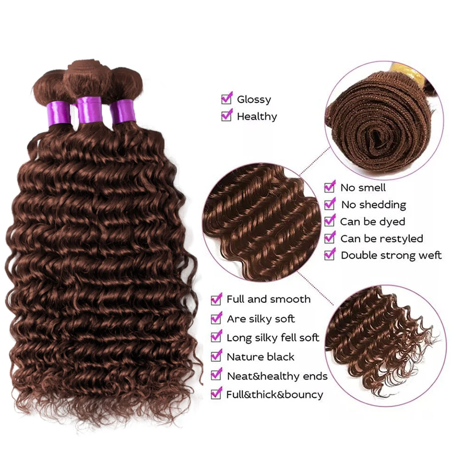 Deep Wave Human Hair Extensions Chocolate Brown Curly 3 Virgin Brazilian Weave