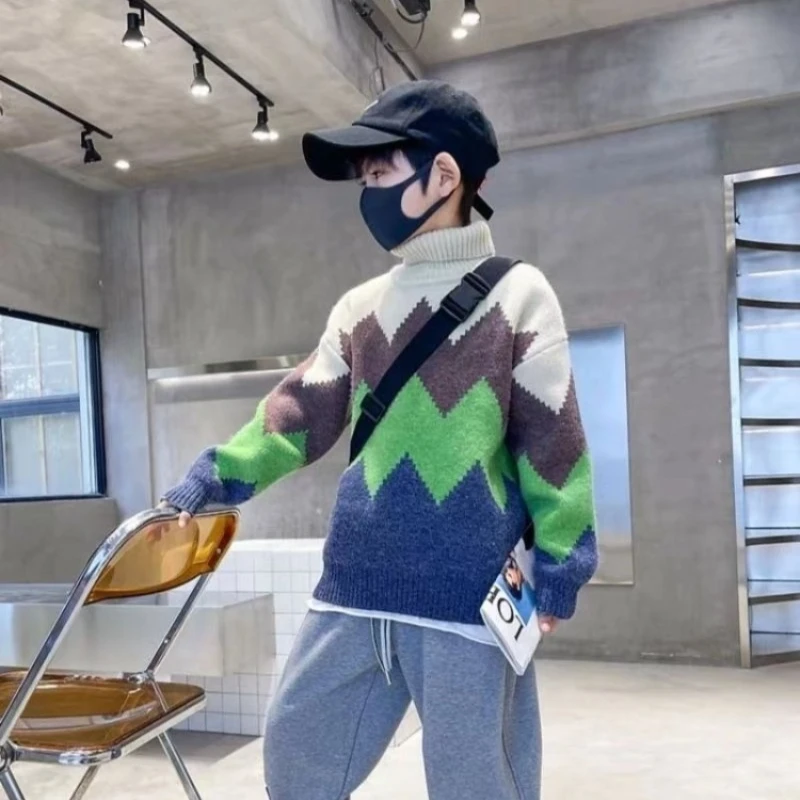 2025 가을 아동용 한국 스타일 터틀넥 풀오버 스웨터 남아용 따뜻하고 편안한 니트웨어, 통기성 좋은 면 혼방 소재로 학교용