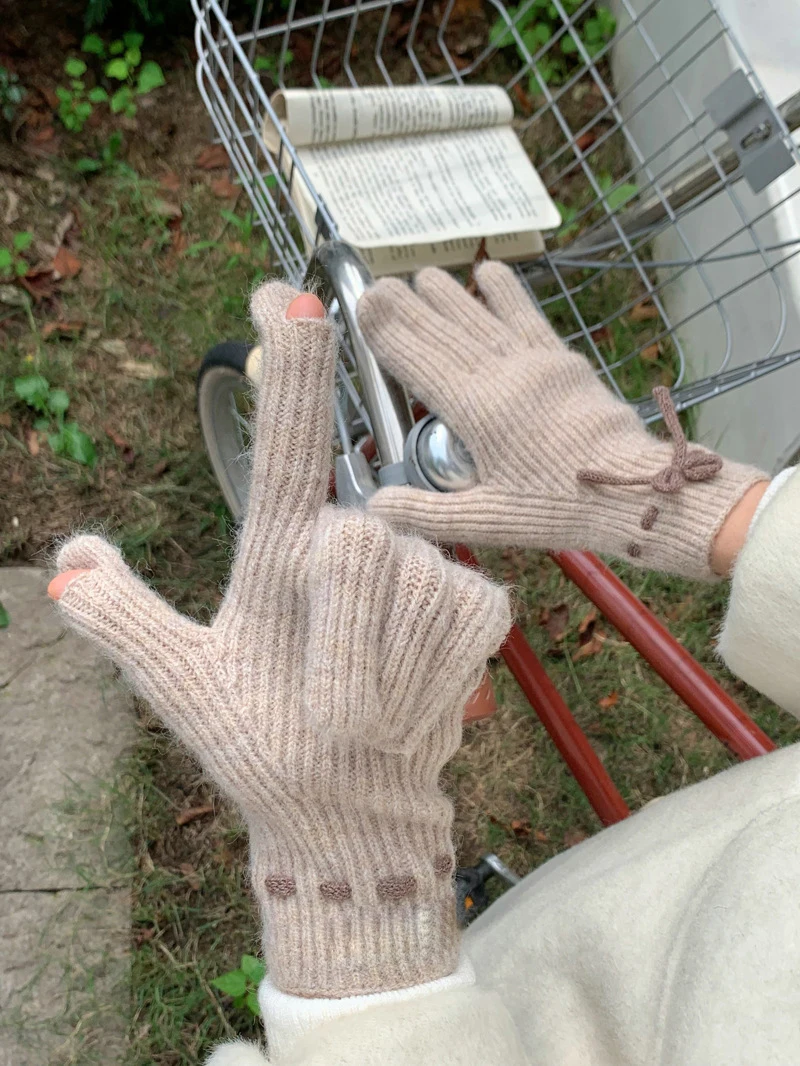 Winter bogen Strick handschuhe für Frauen & Männer verdicken warme Strick handschuhe Voll finger Guantes weibliche Touchscreen Luvas Handschuhe Unisex – Detail 7