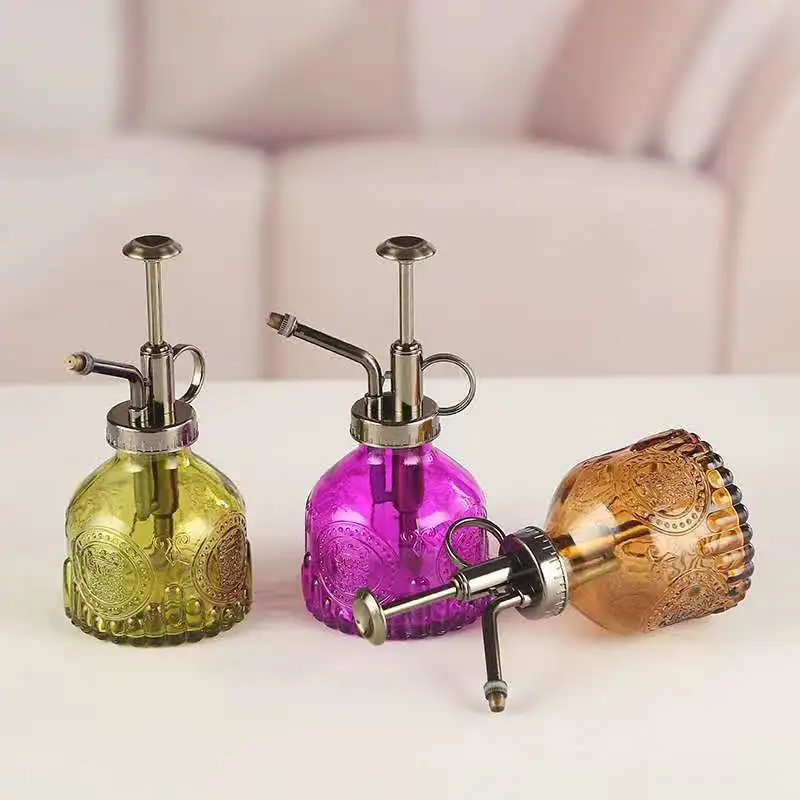 Retro transparent embossed glass watering pot succulent watering pot small spray press empty bottle