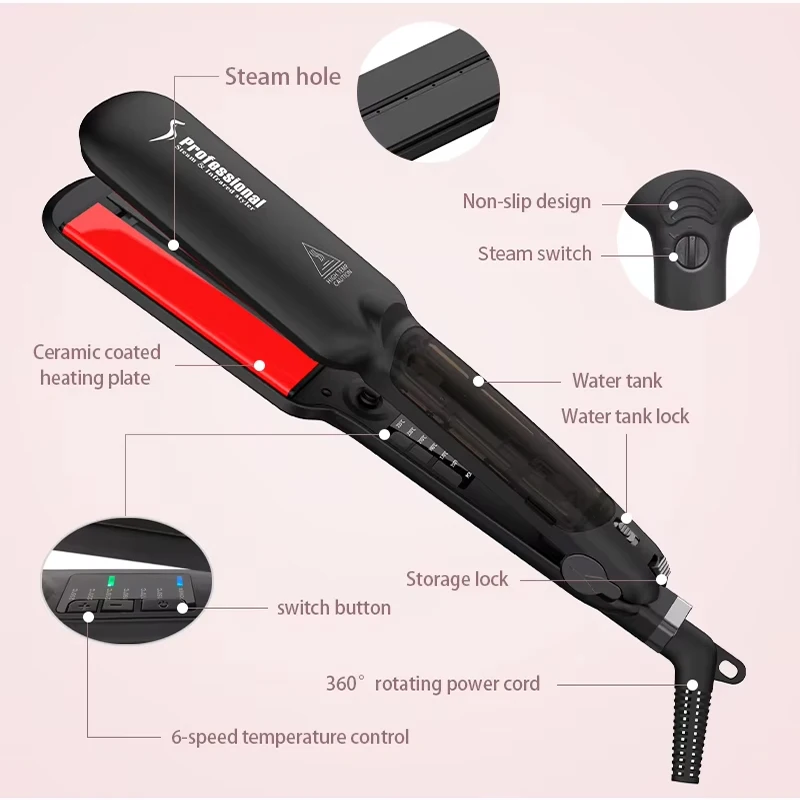 PTC heated steam straightener Infrared ceramic wide plate flat iron multi-functional professional hair straightener 6