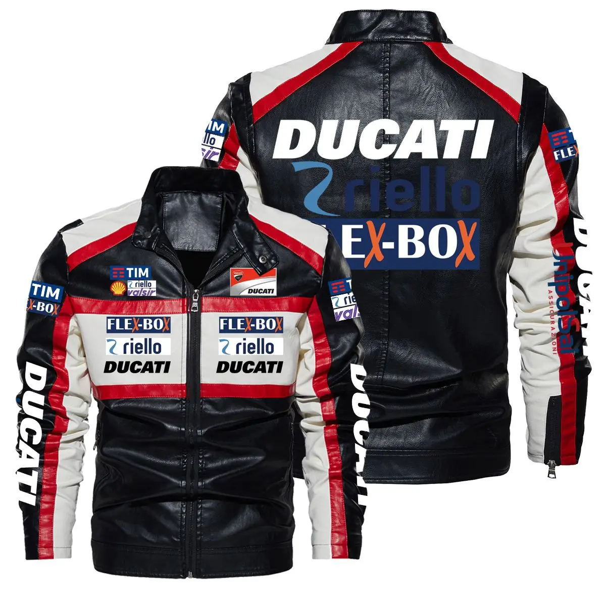 

Ducati Logo New Spring Autumn Contrast PU Leather Jacket Men Stand Collar Slim Motorcycle Causal Coat Mens Moto Biker Coat