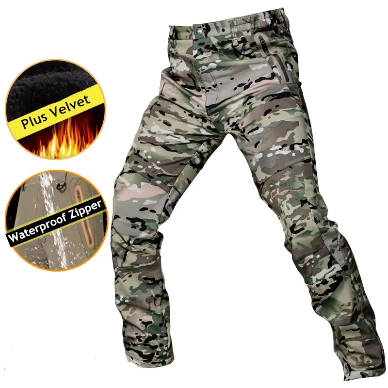 

Press Glue Waterproof Fleece Soft Shell Pants Mens Winter Plus Velvet Windproof Warm Trousers Outdoor Hiking Tactical Camo Pants