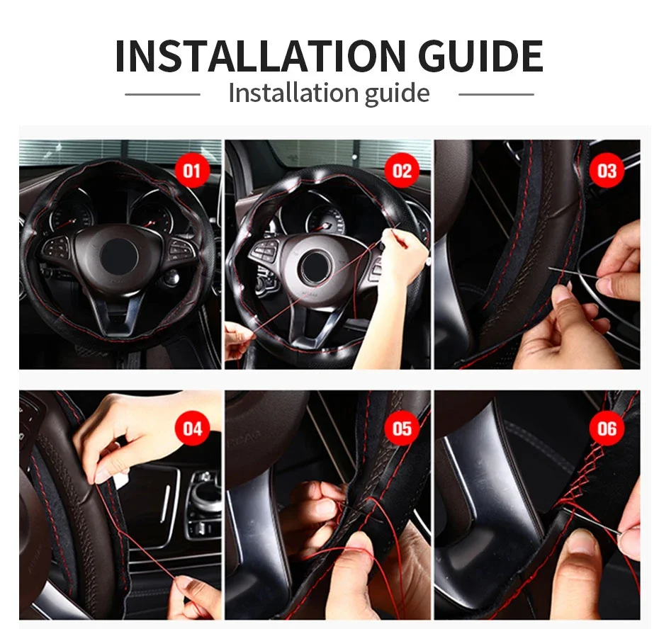 Leder-Lenkradbezug, 37–38 cm, universeller DIY-Lenkradschutz für geflochtenes Auto, mit Nadeln und Faden – Detail 12