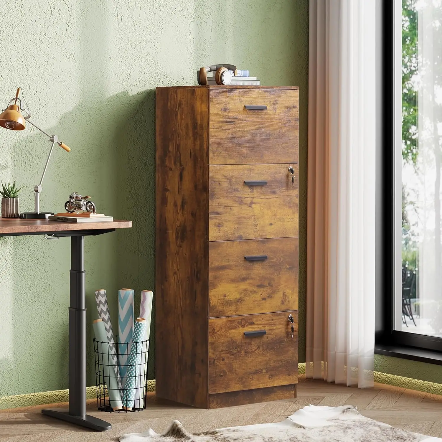 4 Drawer File Cabinet with Lock, Vertical Filing Cabinet for A4/Letter Size Files, Wood Storage Cabinet for Home Office