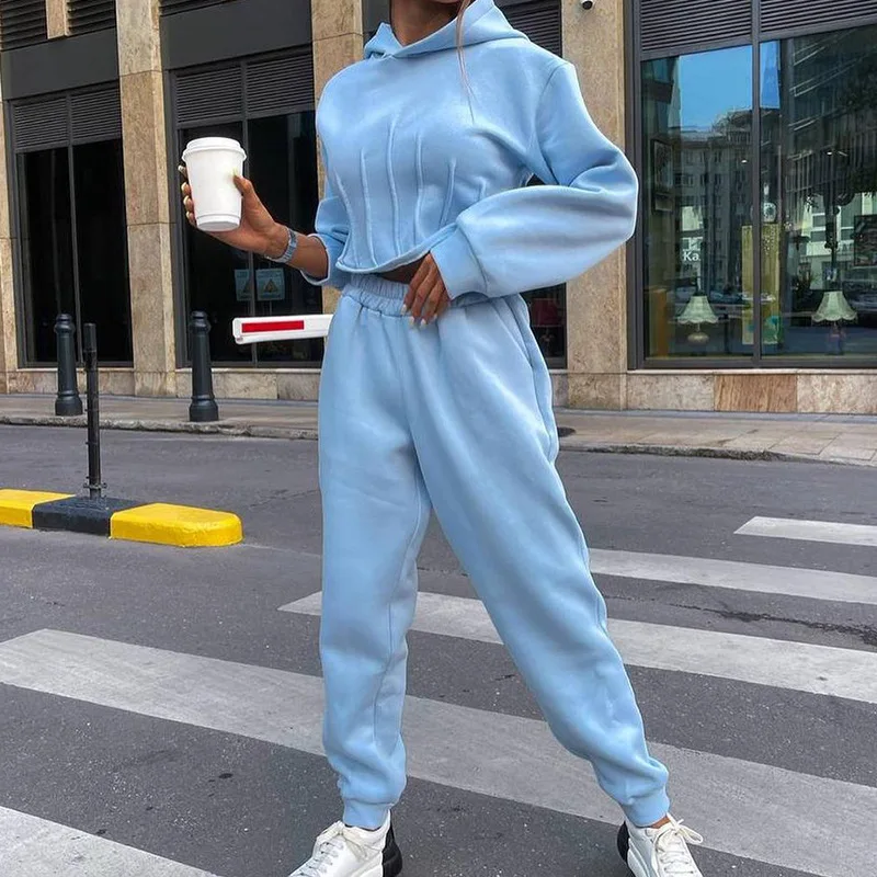Warm Cropped Bandage Hooded Sweater Suits Women Fashion Chic Hoodies 2023 Autumn Female Streetwear Sports Outfit