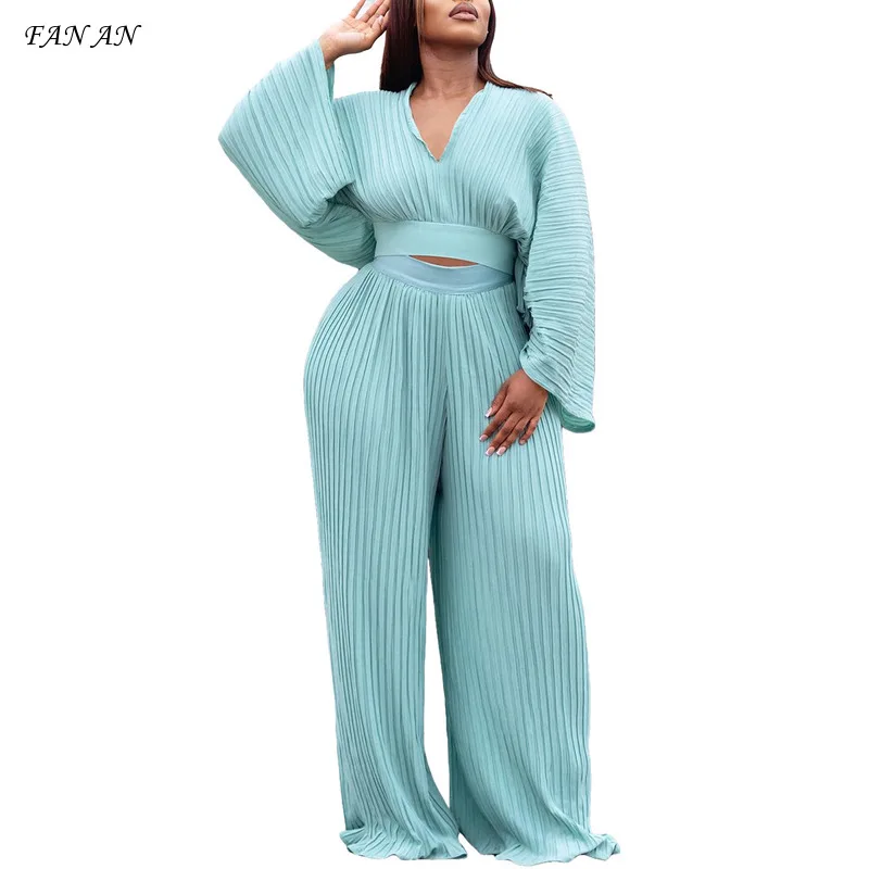 Women's Spring and Fall New Loose Pleated V-neck Top High-waisted Wide-leg Trousers Women's Casual Commuting Two-piece Set