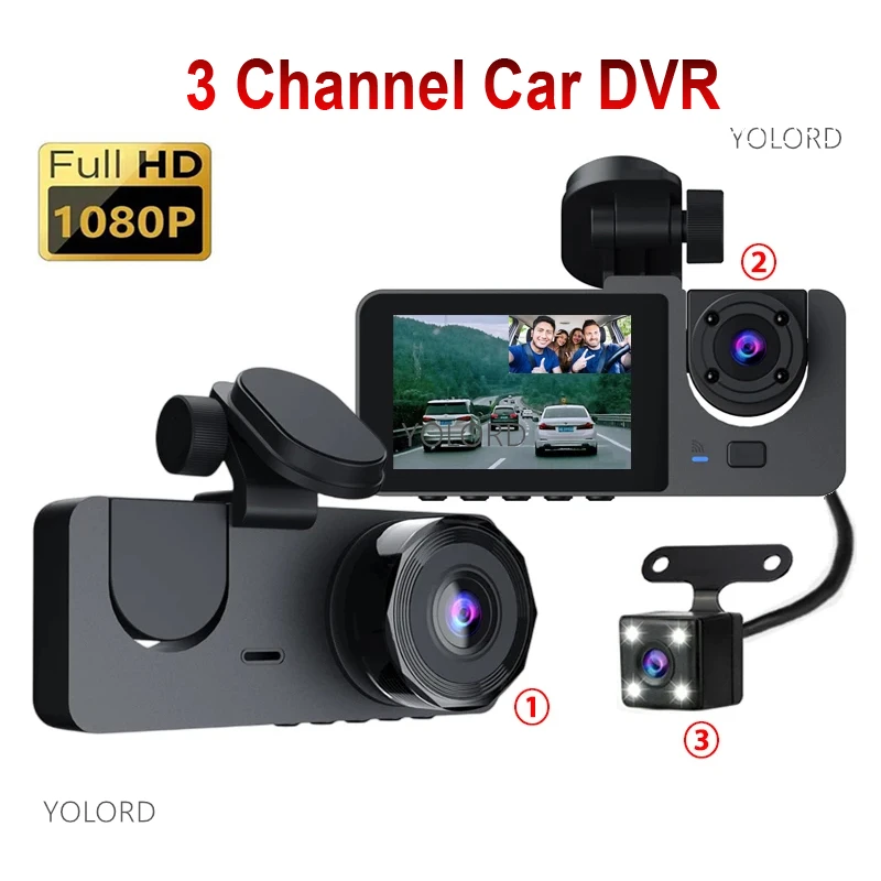 

FHD 1080P Car DVR 3-Lens Front Rear Inside Vehicle Dash Cam 3 Channel Camera DVRs Recorder Video Registrator Dashcam Camcorder