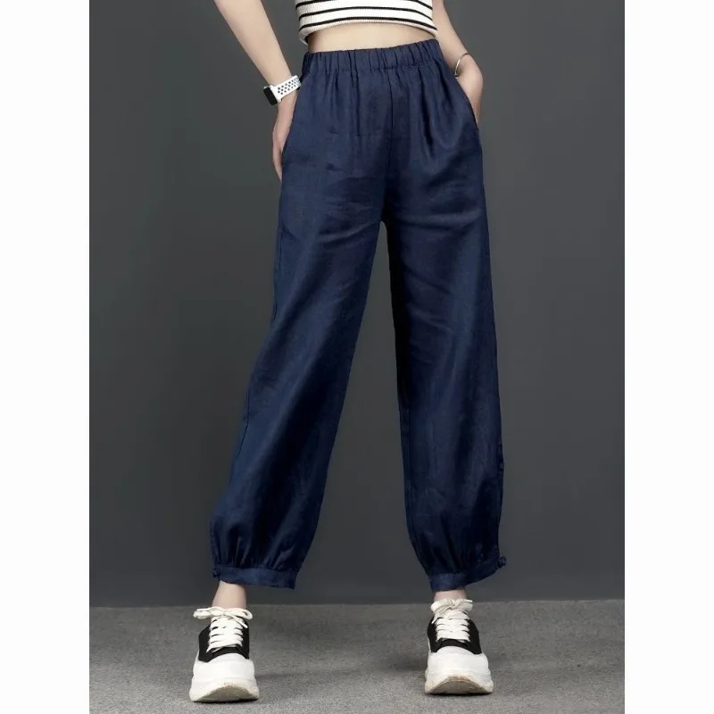 2024 New Women's Summer Simplicity Thin Solid Color Pocket Cotton Linen Casual Versatile Fashion Haren Lantern Capris Pants