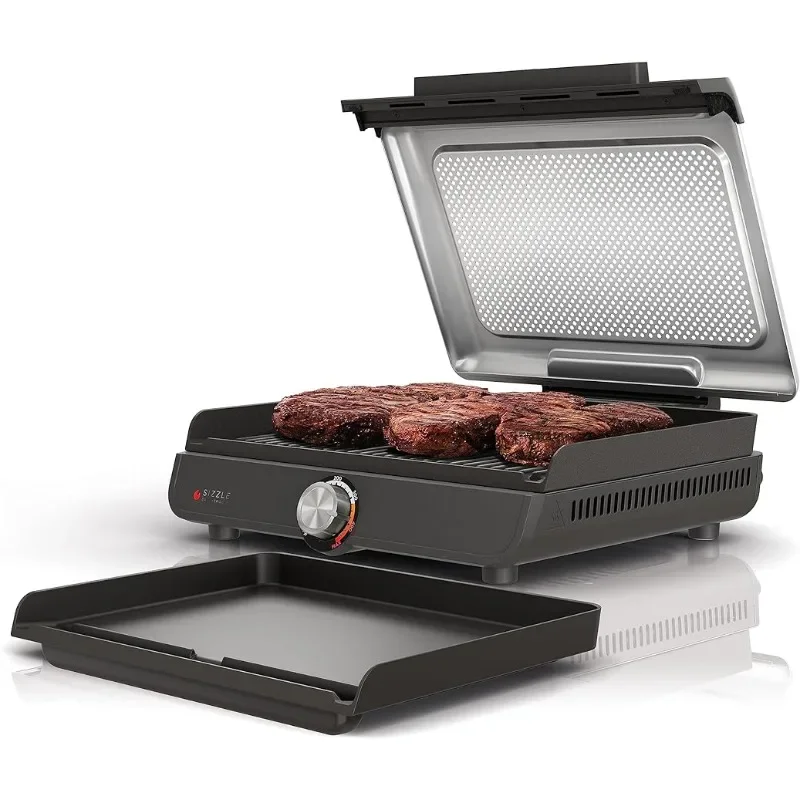 

HAOYUNMA Indoor Grill & Griddle, 14'' Interchangeable Nonstick Plates, Dishwasher-Safe Removable Mesh Lid, 500F Max Heat